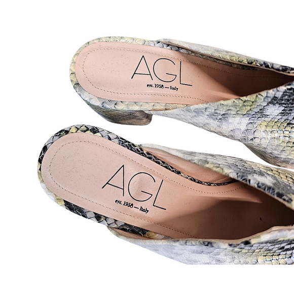 AGL Leather Snakeskin Pointed Toe Mules Size 7.5 Green & Gray Designer Luxury - Picture 13 of 15